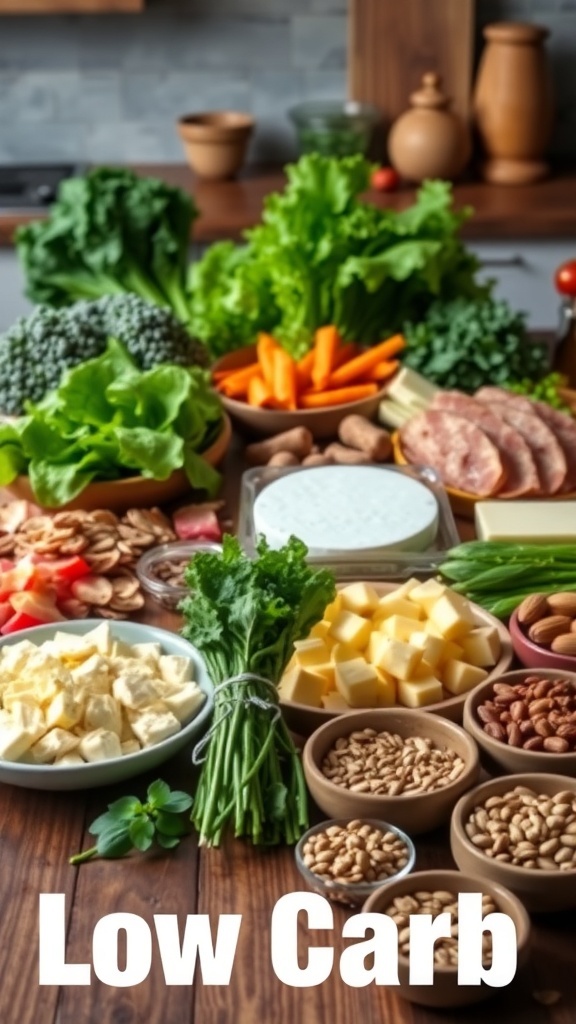 An array of low carb foods including vegetables, meats, cheeses, and nuts on a wooden table.